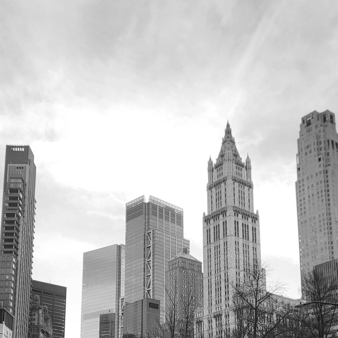 Lower Manhattan buildings against the New York sky